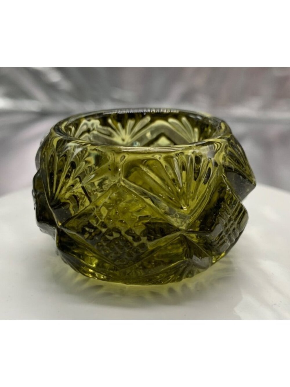 Vintage Olive Green Glass Salt Cellar Geometric Cut Pattern Design